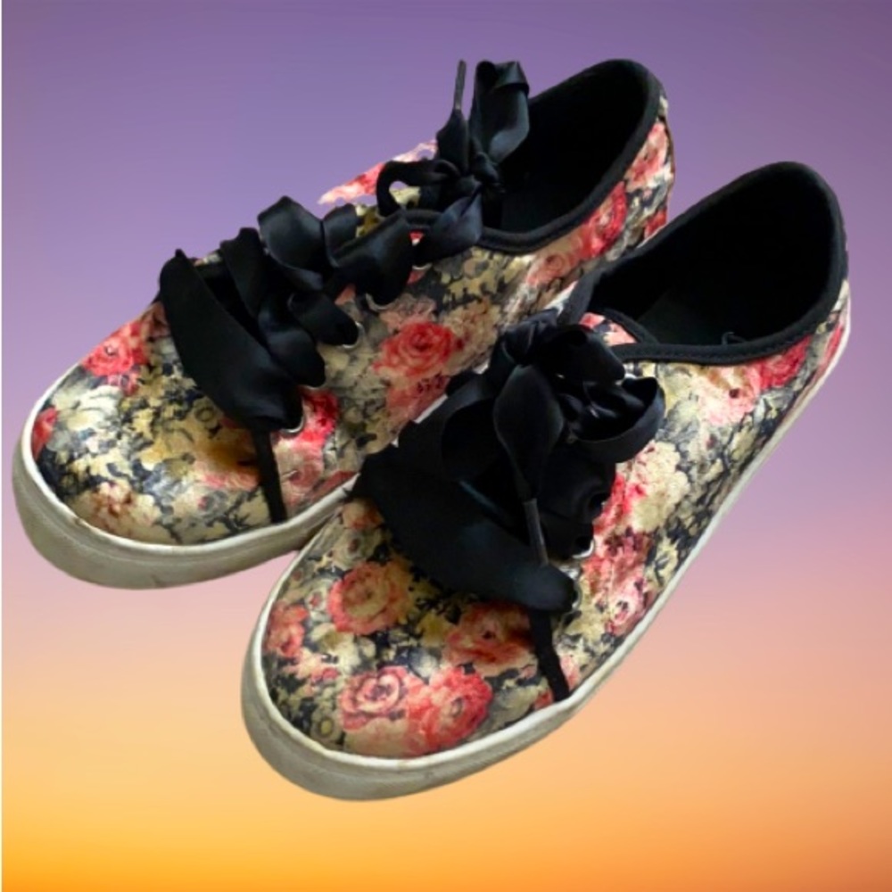 Floral Sneakers with Black Ribbon Laces